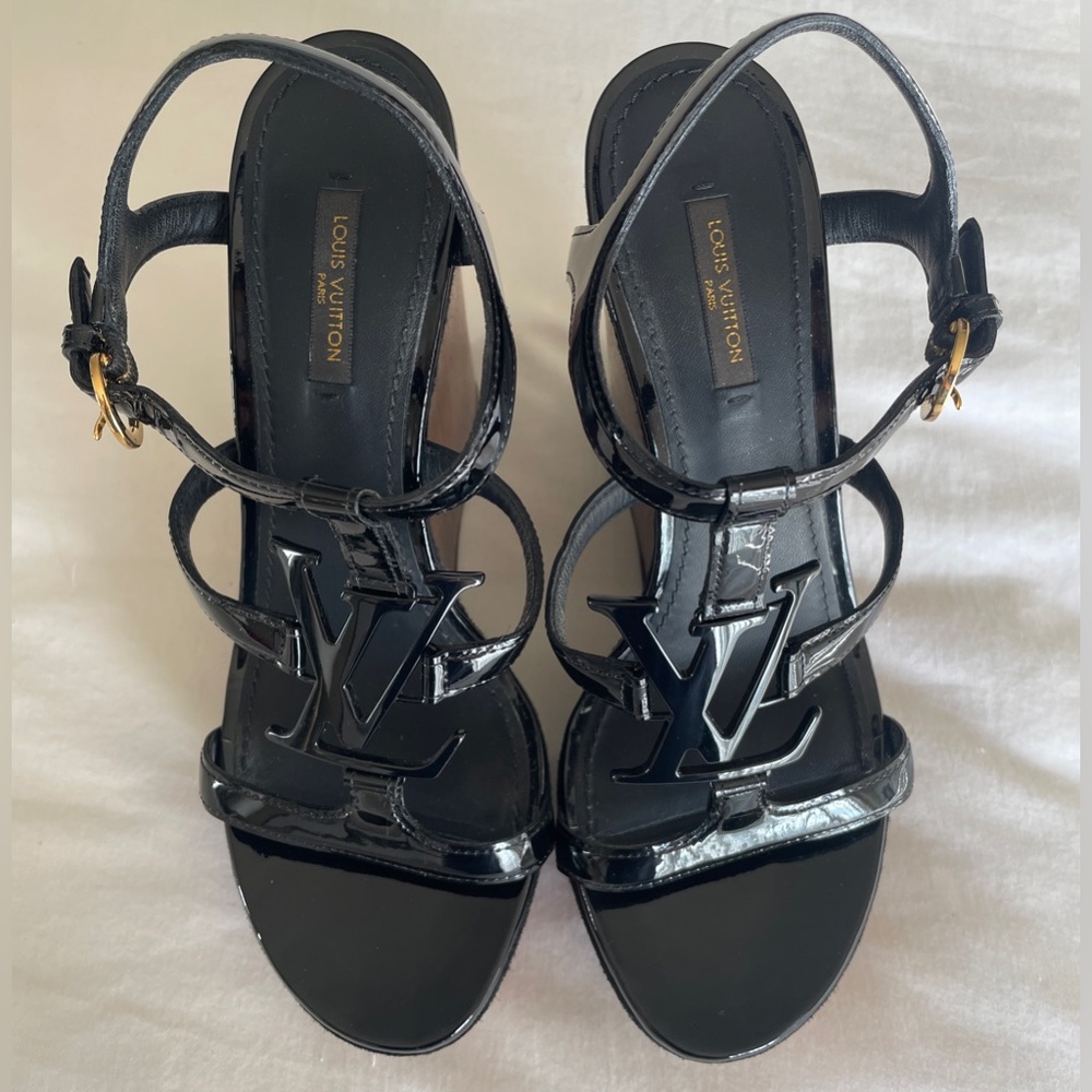 Louis Vuitton Black LV Monogram Wooden Wedge Platform Heel, Size 7